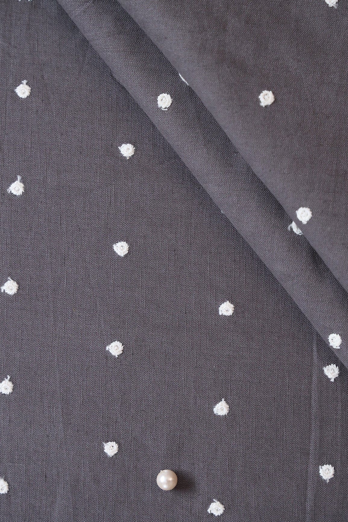 White Thread Small Polka Embroidery Work On Dark Grey Cotton Linen Fabric - doeraa