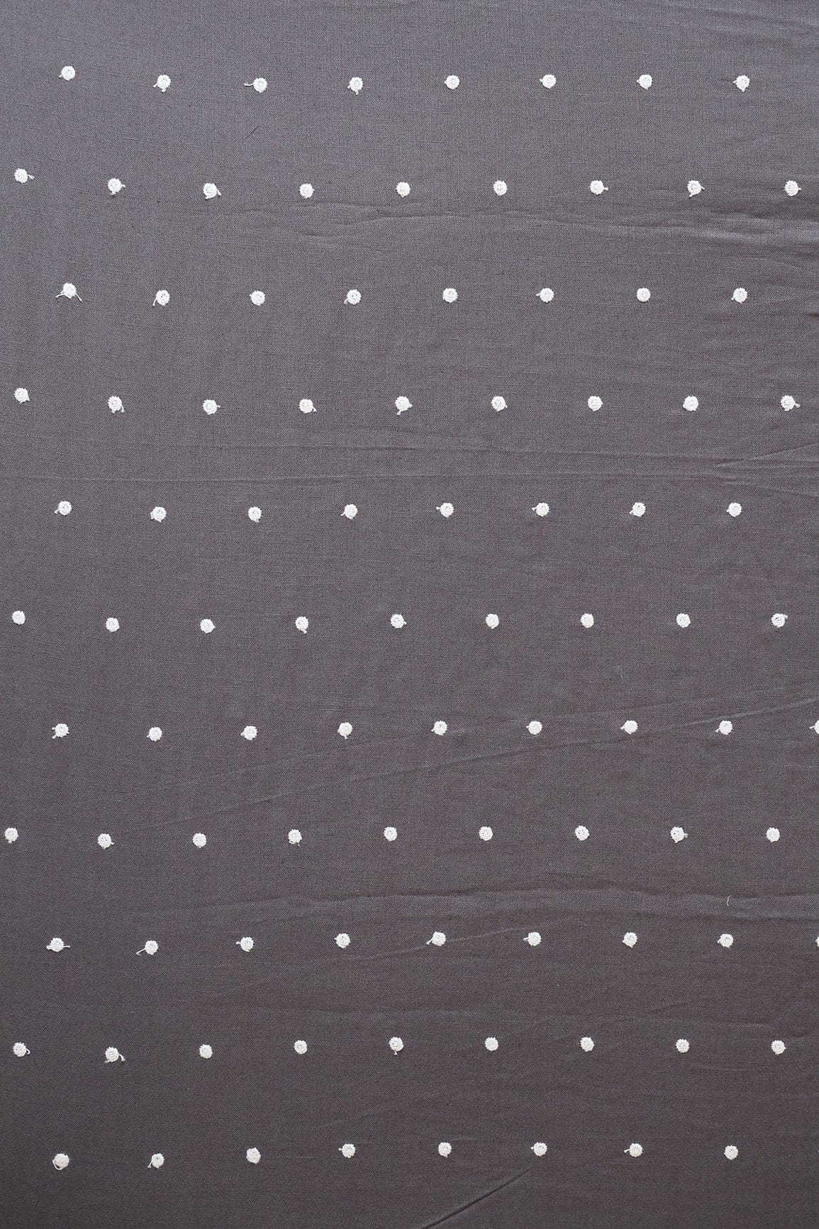 White Thread Small Polka Embroidery Work On Dark Grey Cotton Linen Fabric - doeraa