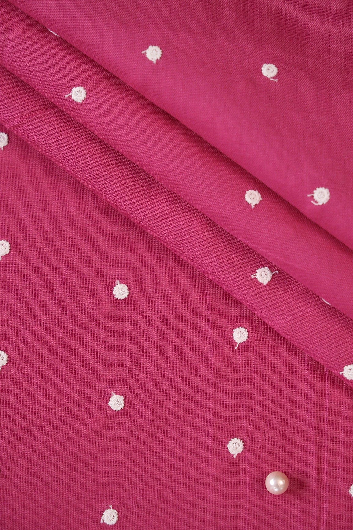 White Thread Small Polka Embroidery Work On Fuchsia Cotton Linen Fabric - doeraa