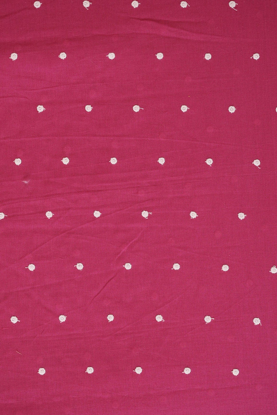 White Thread Small Polka Embroidery Work On Fuchsia Cotton Linen Fabric - doeraa