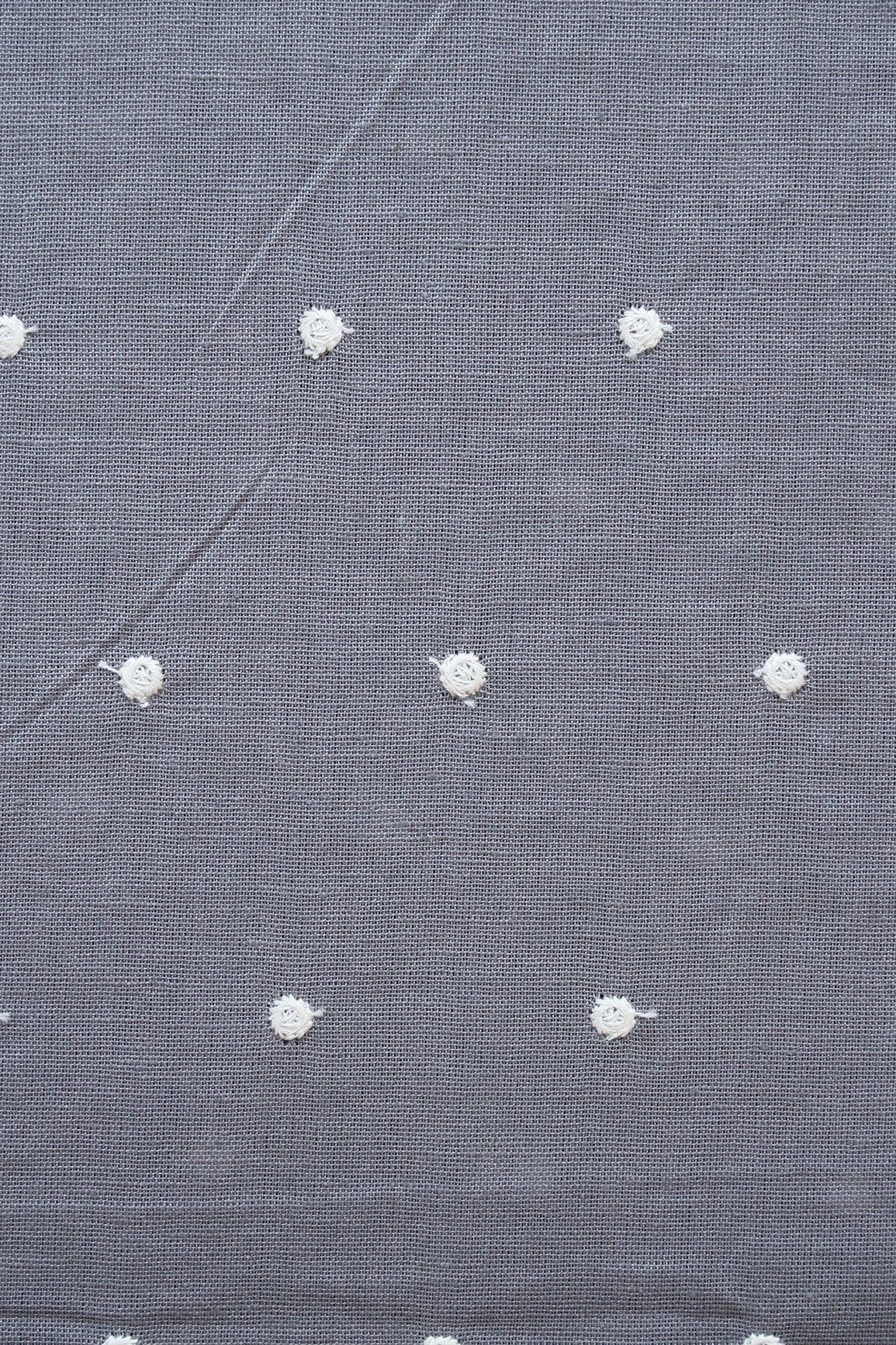 White Thread Small Polka Embroidery Work On Grey Cotton Linen Fabric - doeraa