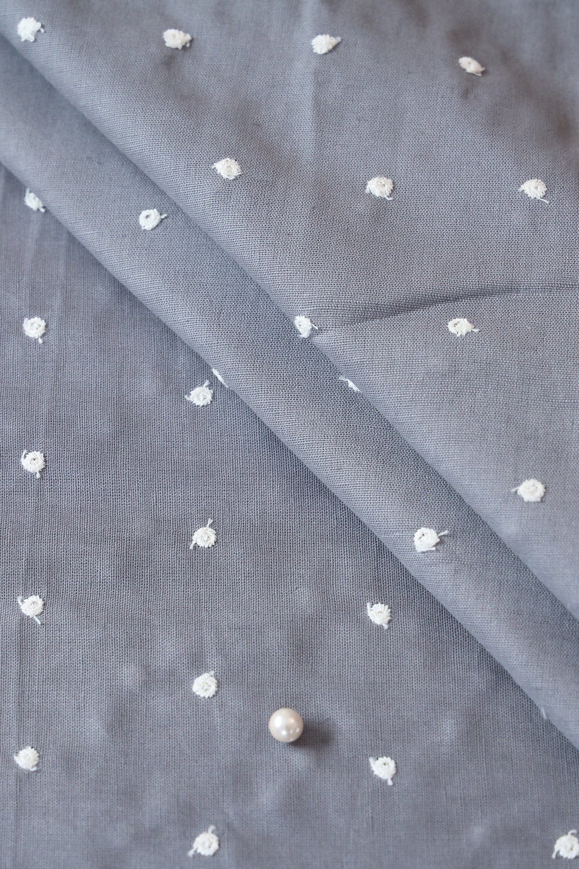 White Thread Small Polka Embroidery Work On Grey Cotton Linen Fabric - doeraa