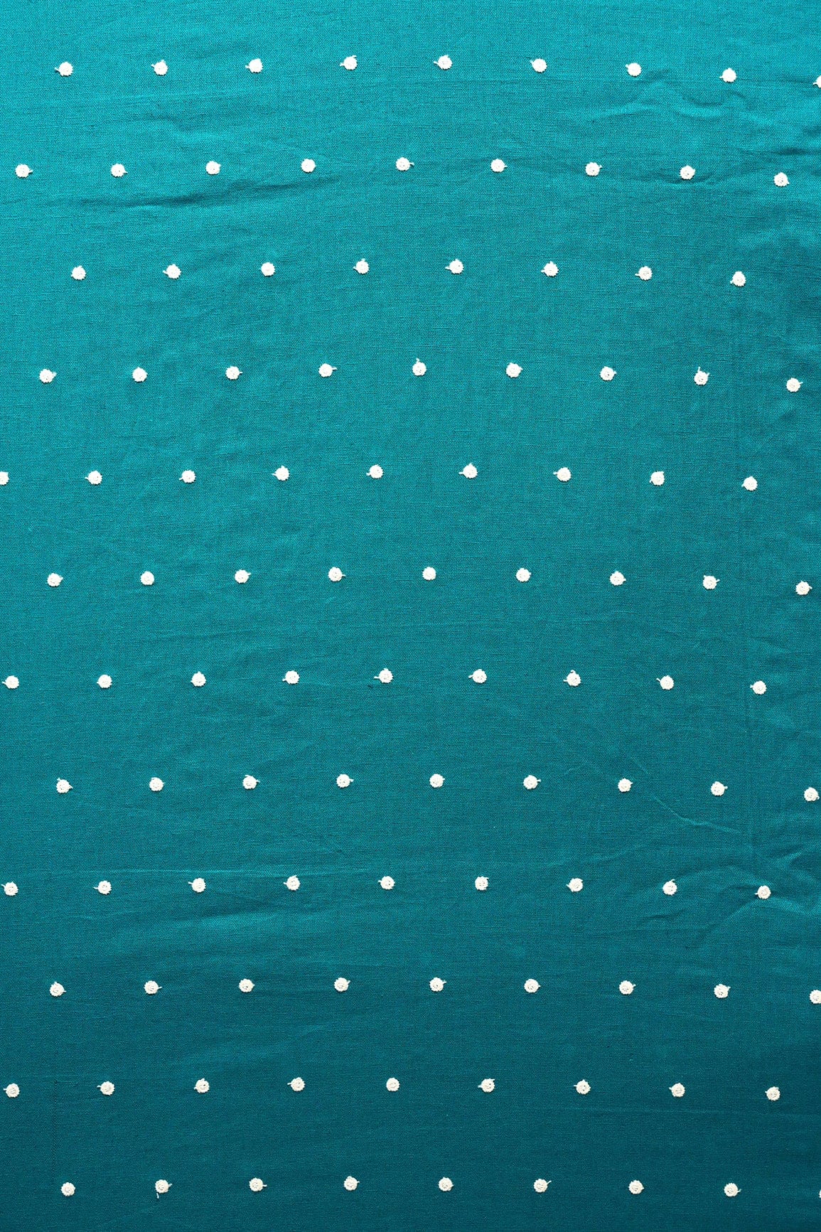 White Thread Small Polka Embroidery Work On Turquoise Cotton Linen Fabric - doeraa