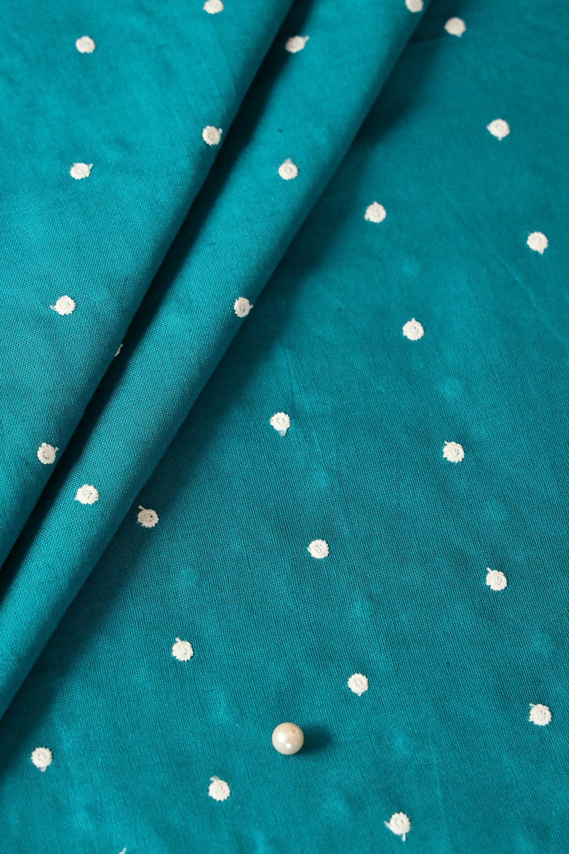 White Thread Small Polka Embroidery Work On Turquoise Cotton Linen Fabric - doeraa